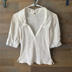 Free People Cream Pleated Blouse with Notched Collar